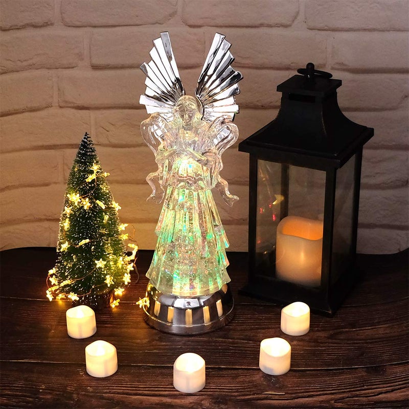 DRomance 14" Angel Snow Globe Lantern Battery Operated with 6 Hour Timer Color Changing LED Light Praying Angel Swirling Glitter Water Lamp Thanksgiving Christmas Holiday Decor Gift - Image 3
